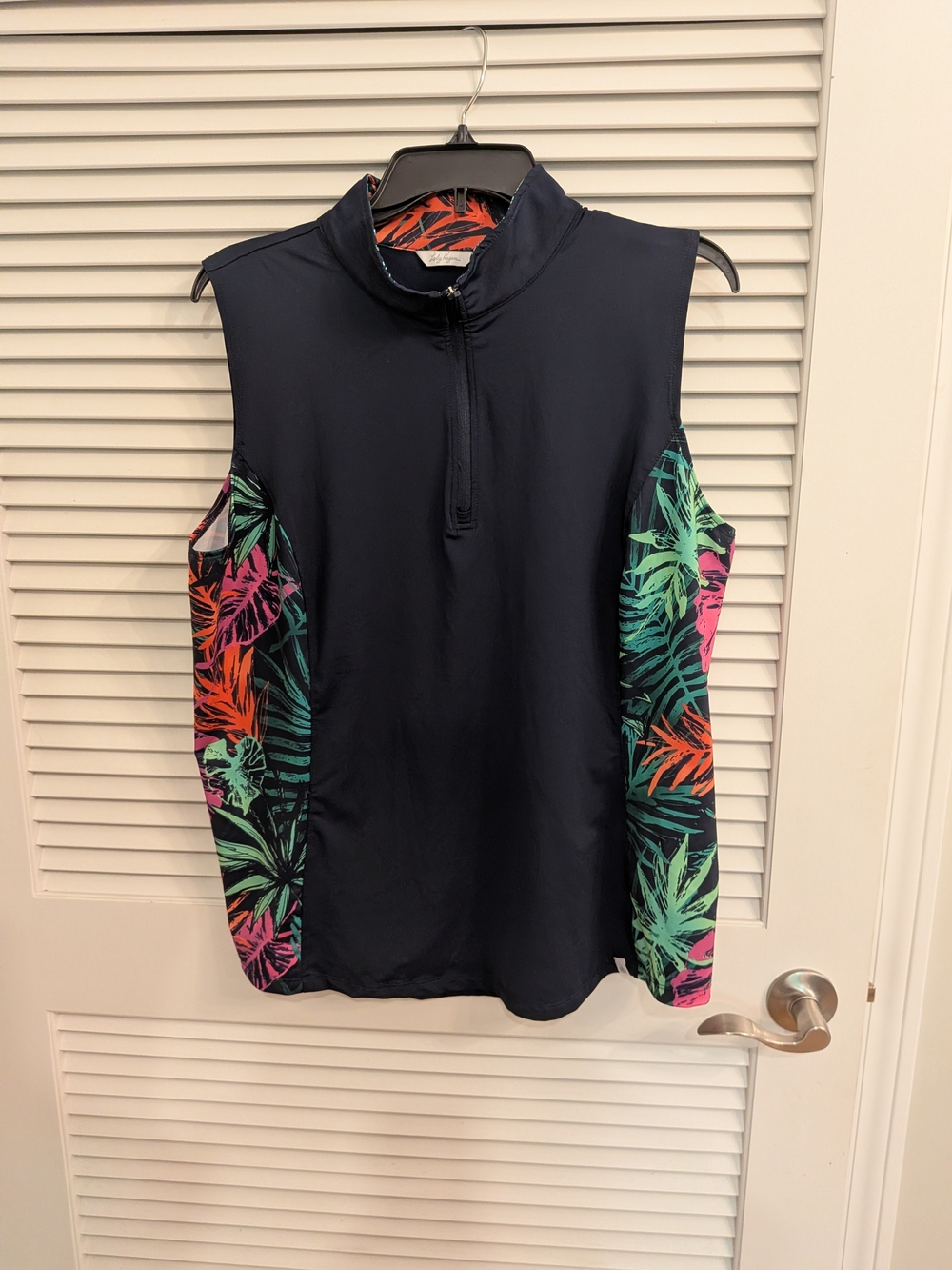 Sleeveless Navy Half-Zip Athletic Top with Tropical Print Panels Size XL